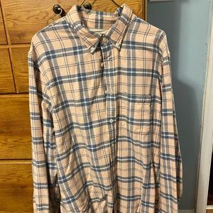 Long sleeve light salmon and blue button up.